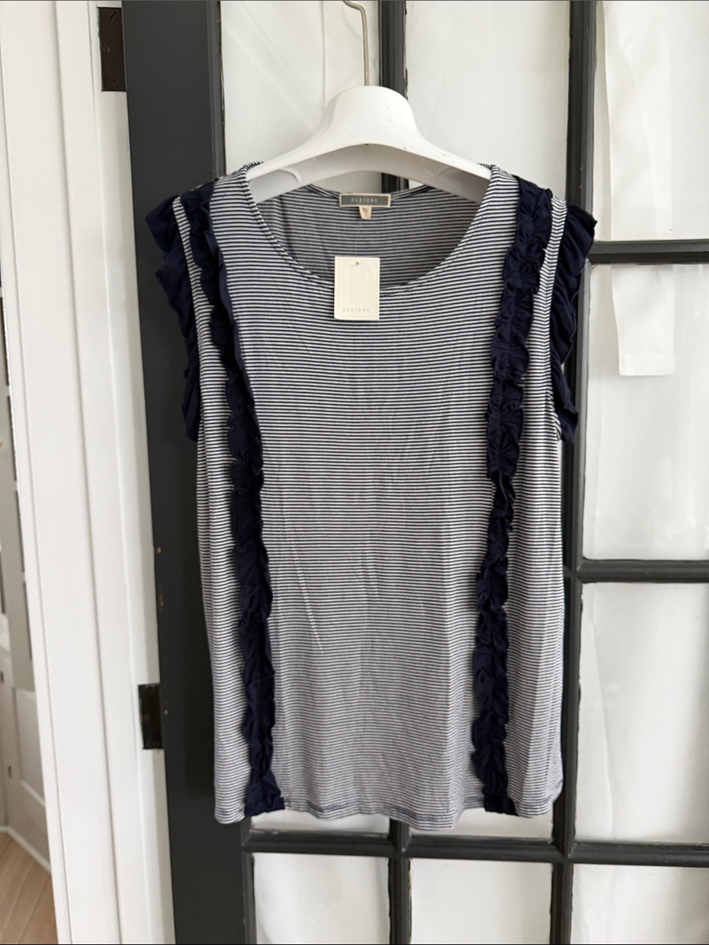 Anthro x Pleione Navy and White Striped Ruffle-Trim Tank
